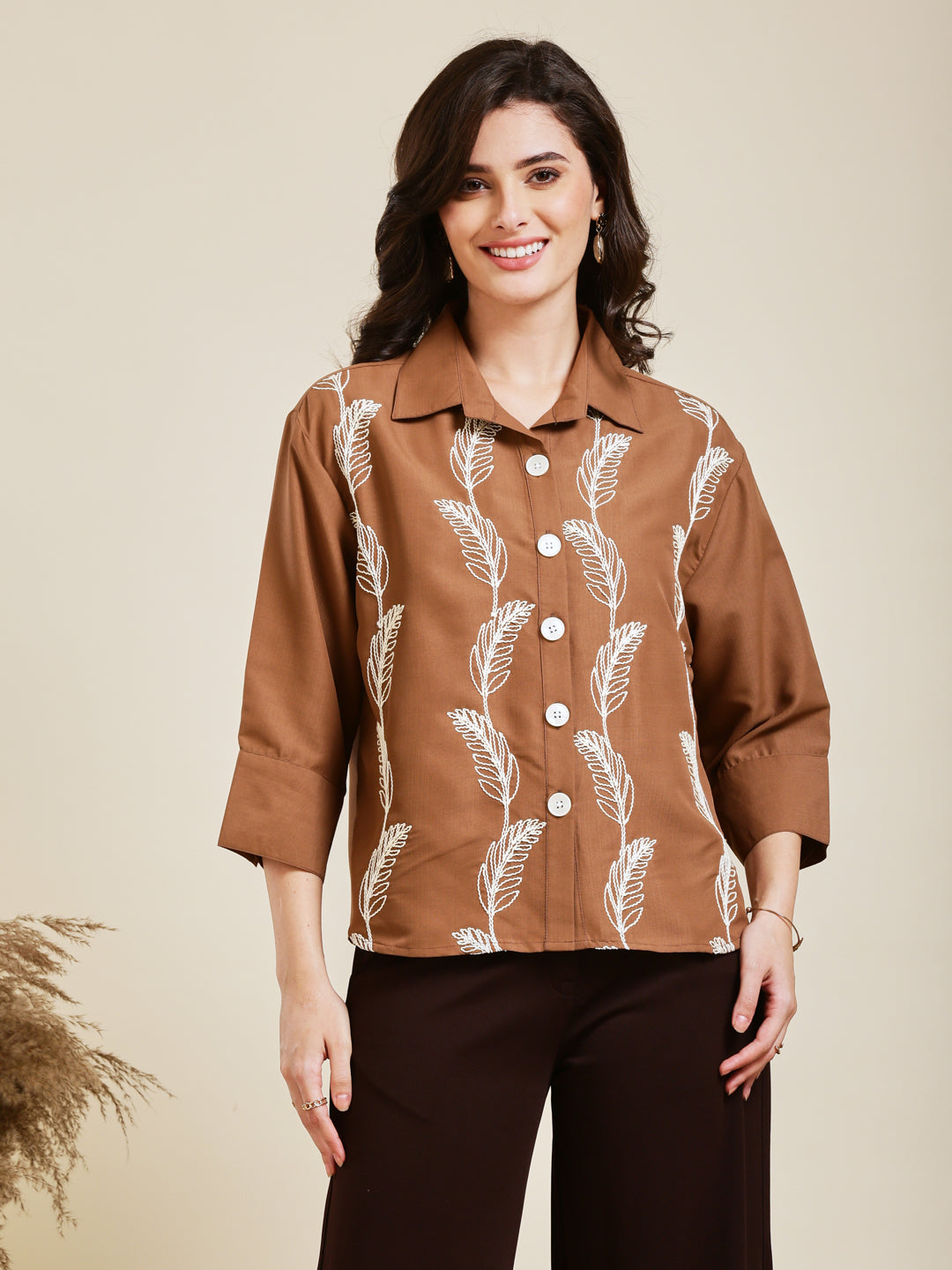 Caramel Embroidered Viscose Blend Shirt for Women