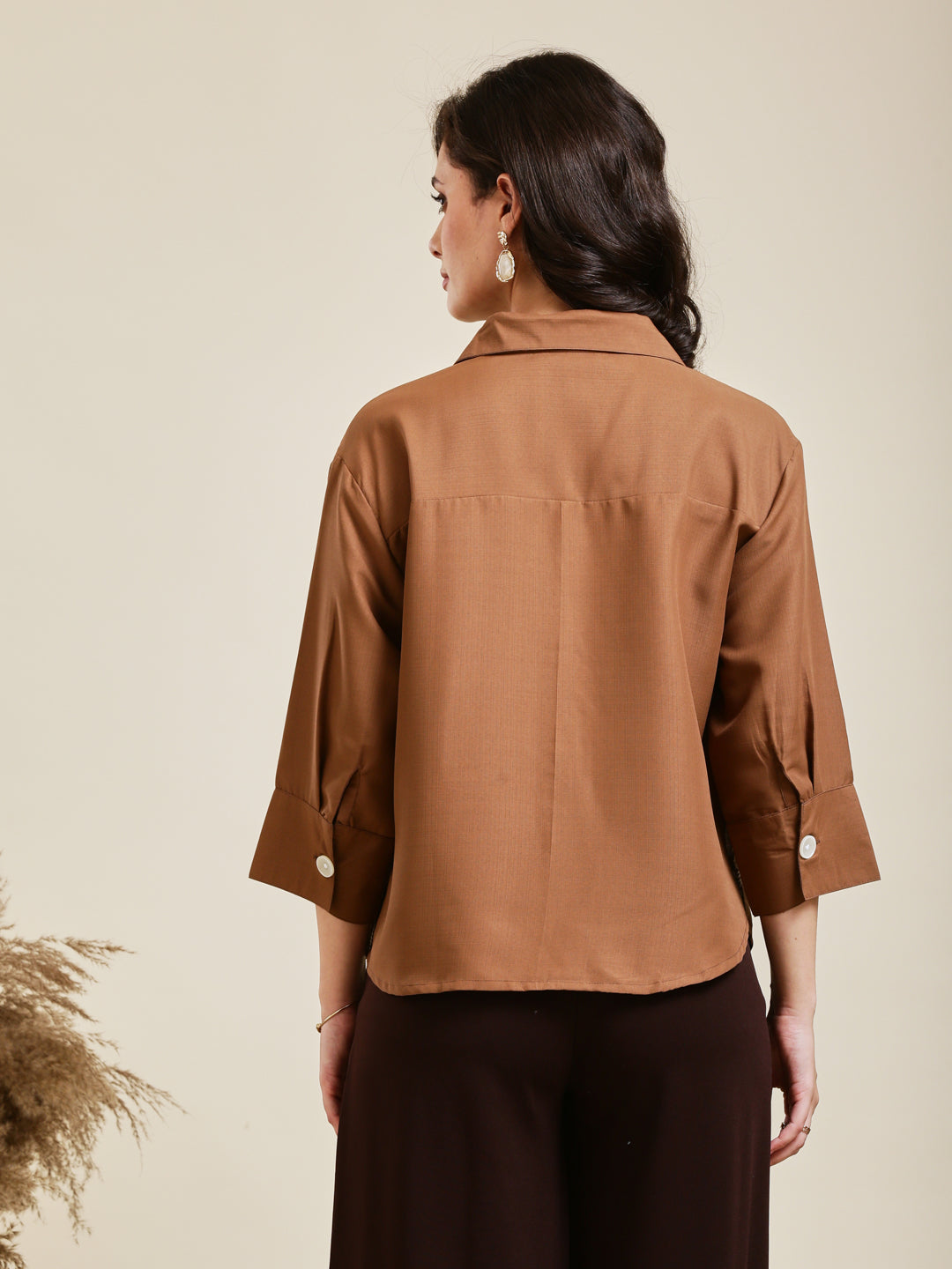 Caramel Embroidered Viscose Blend Shirt for Women