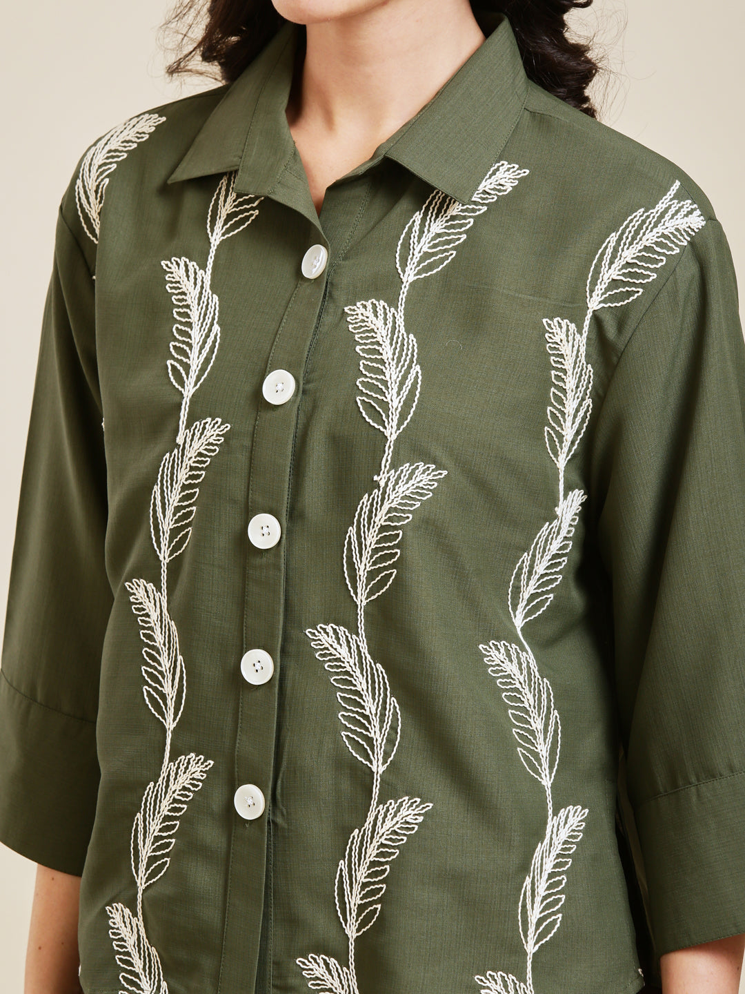 Olive Embroidered Viscose Blend Shirt for Women