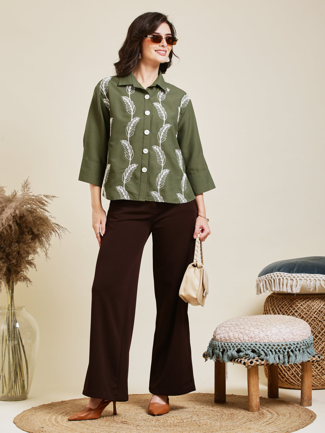 Olive Embroidered Viscose Blend Shirt for Women