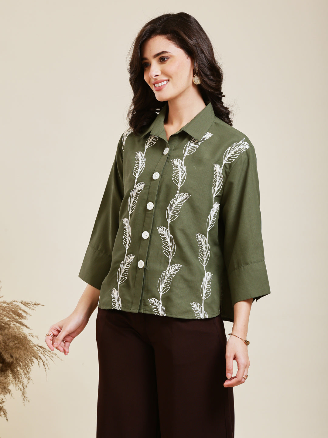 Olive Embroidered Viscose Blend Shirt for Women