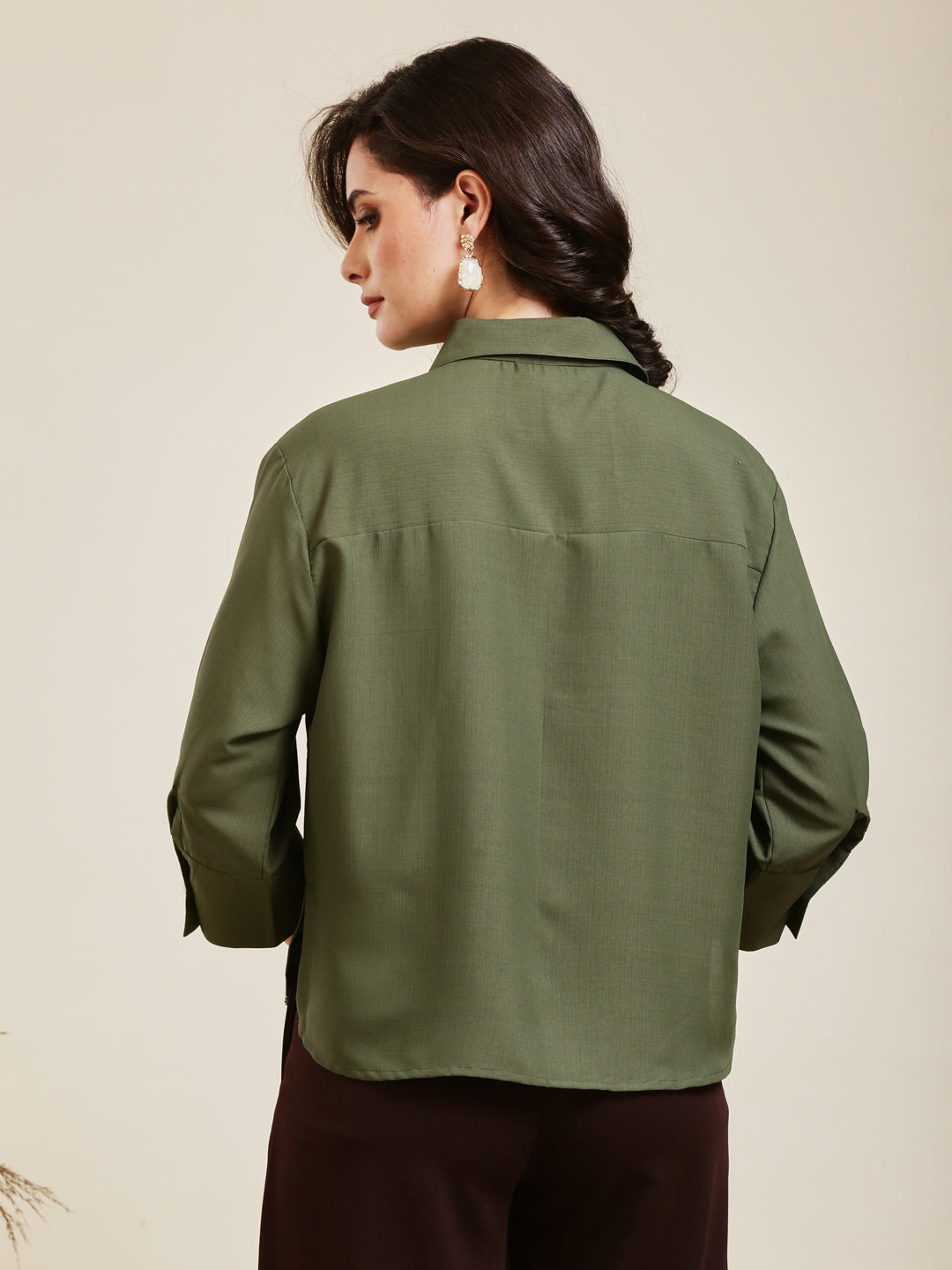Olive Embroidered Viscose Blend Shirt for Women