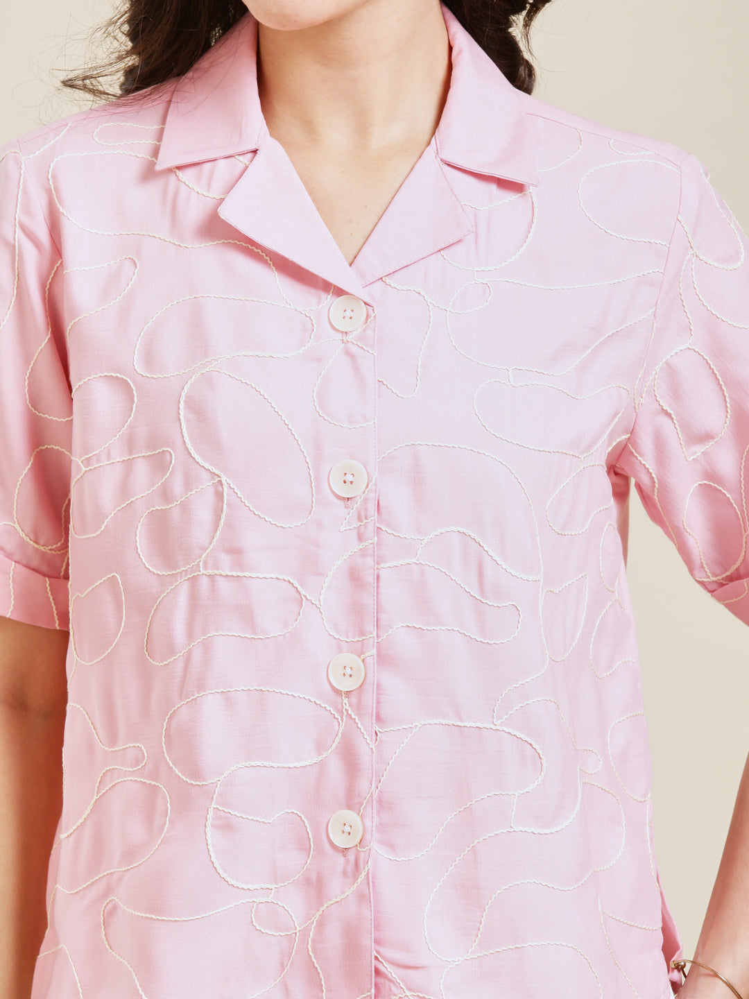 Pink Embroidered Rayon Shirt for Women