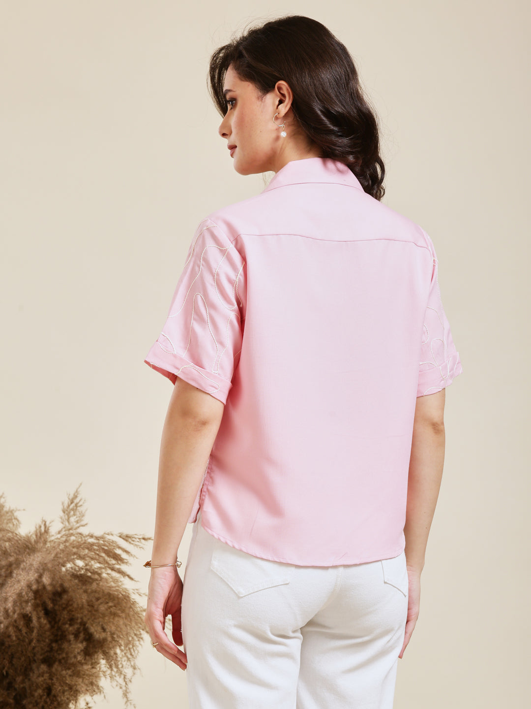 Pink Embroidered Rayon Shirt for Women