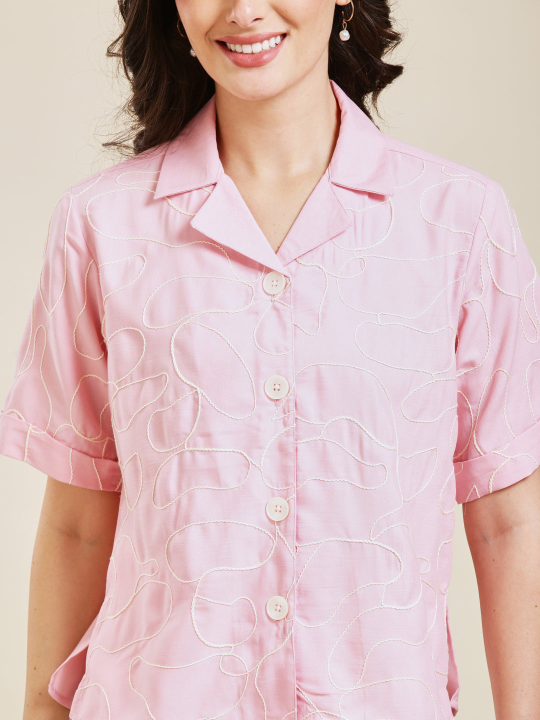 Pink Embroidered Rayon Shirt for Women