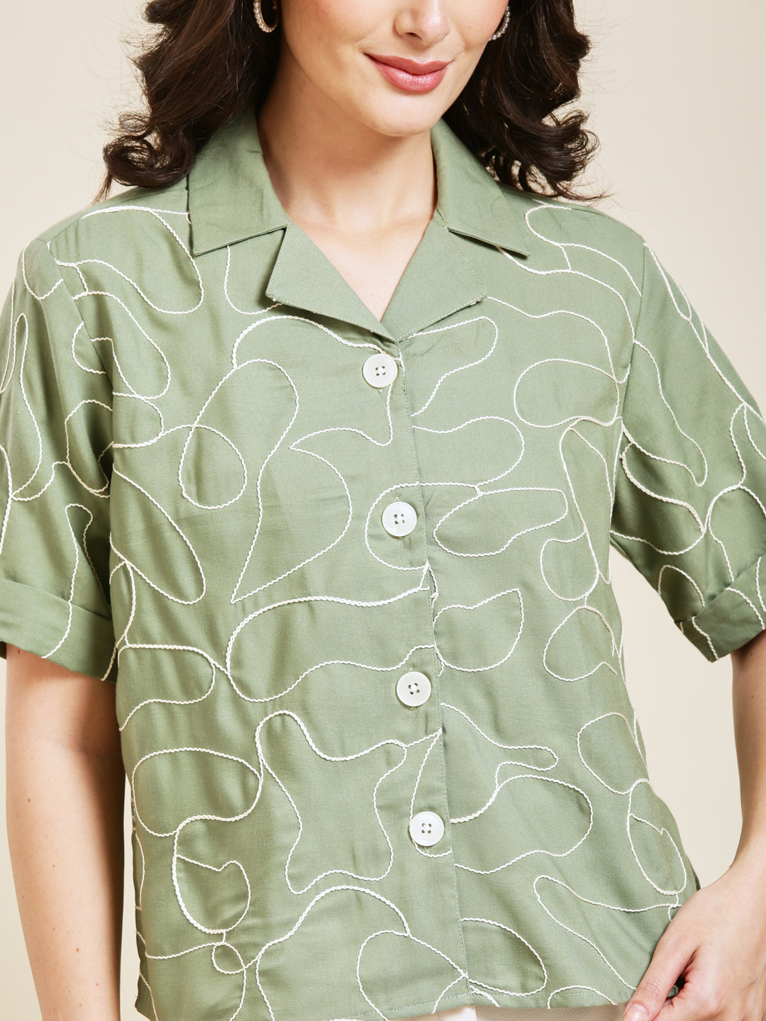 Mint Embroidered Rayon Shirt for Women
