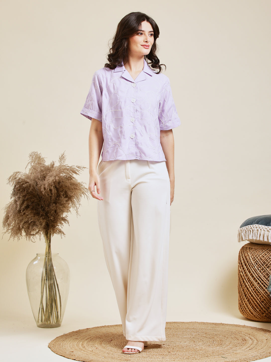 Lavender Embroidered Rayon Shirt for Women