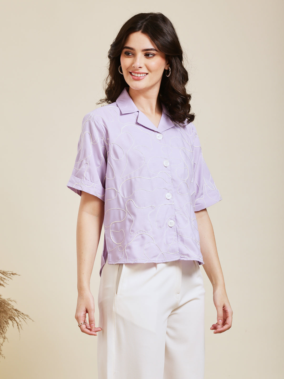 Lavender Embroidered Rayon Shirt for Women