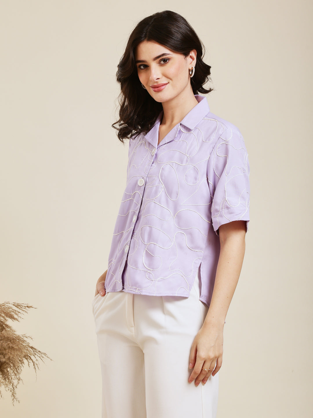 Lavender Embroidered Rayon Shirt for Women