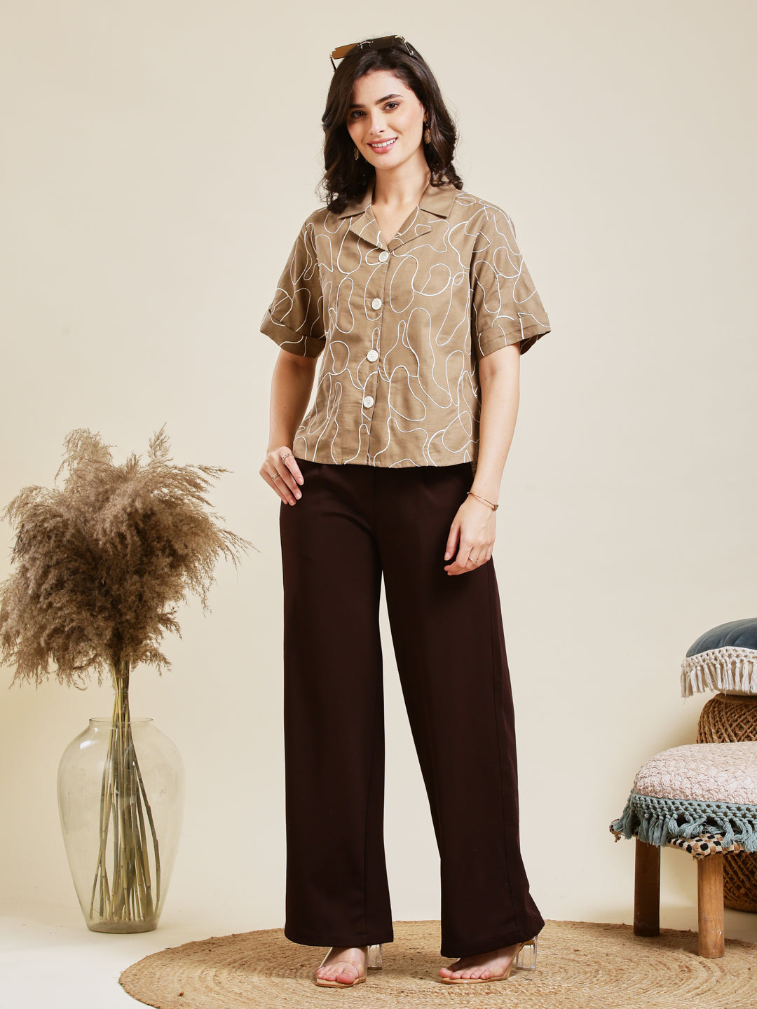 Brown Embroidered Rayon Shirt for Women | frontside full view