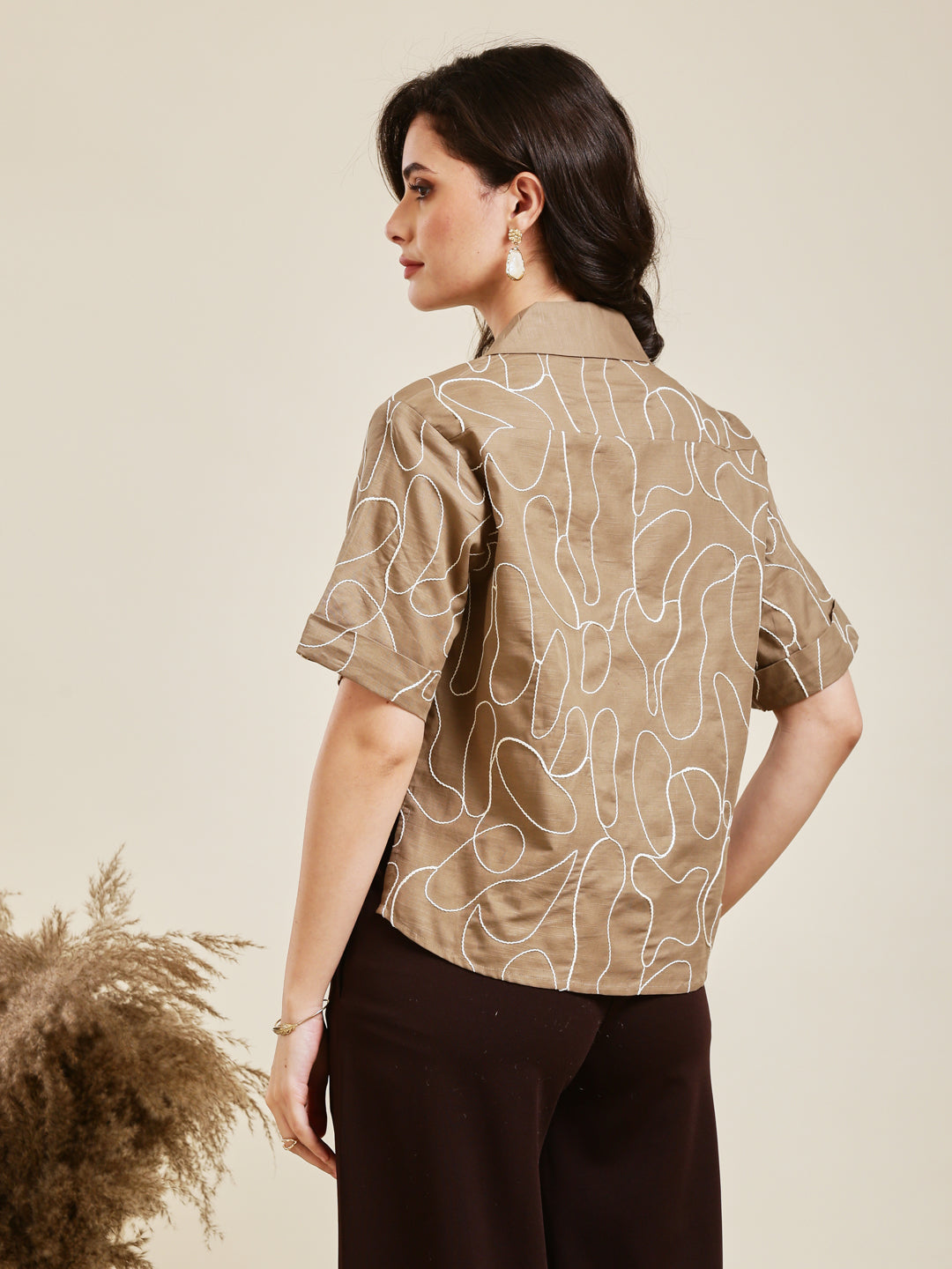 Brown Embroidered Rayon Shirt for Women