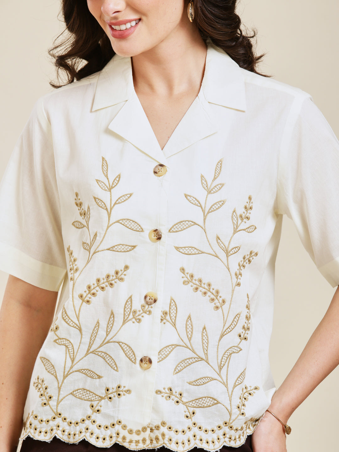 Off-White Embroidered Cotton Shirt for Women