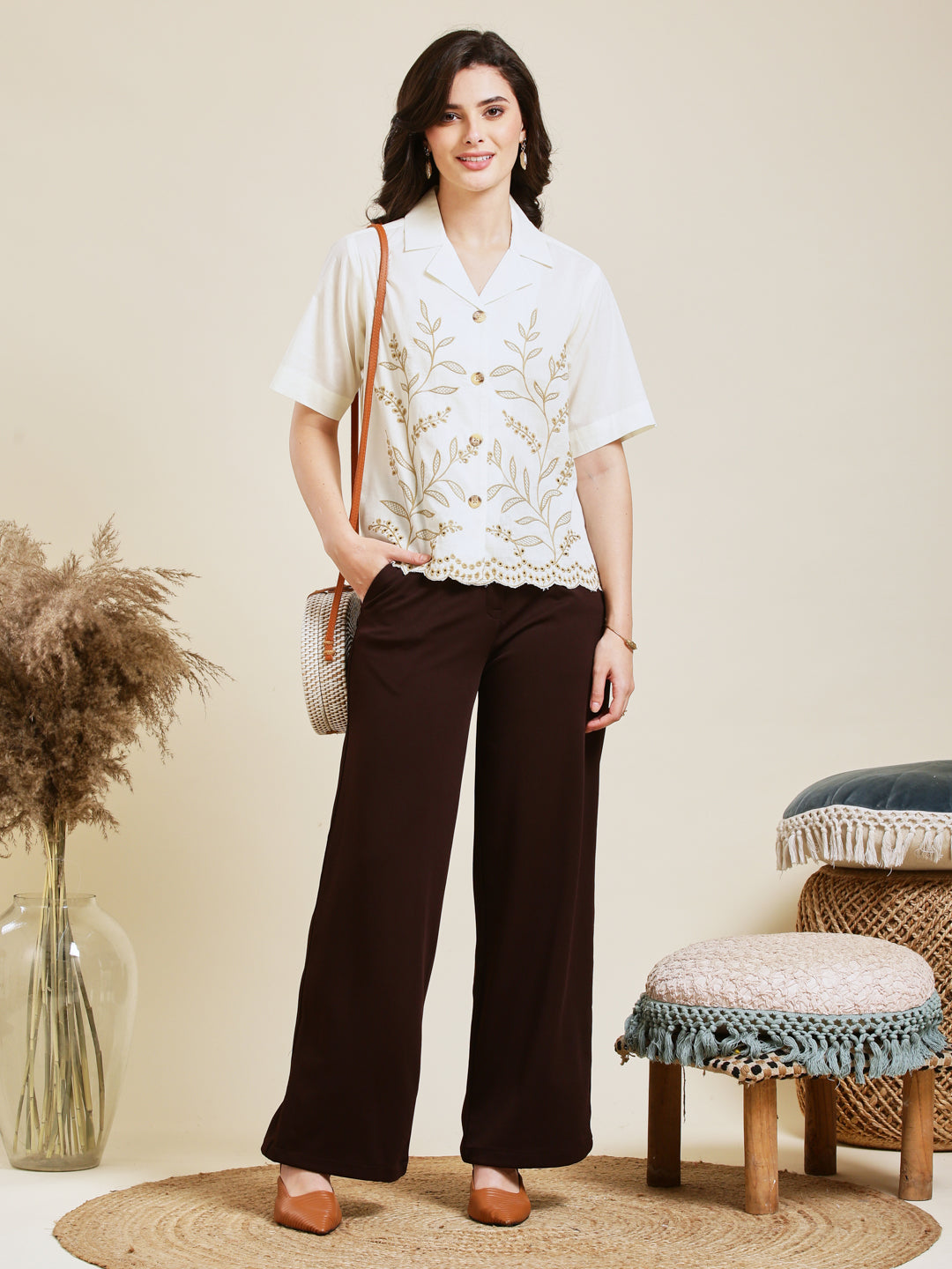 Off-White Embroidered Cotton Shirt for Women