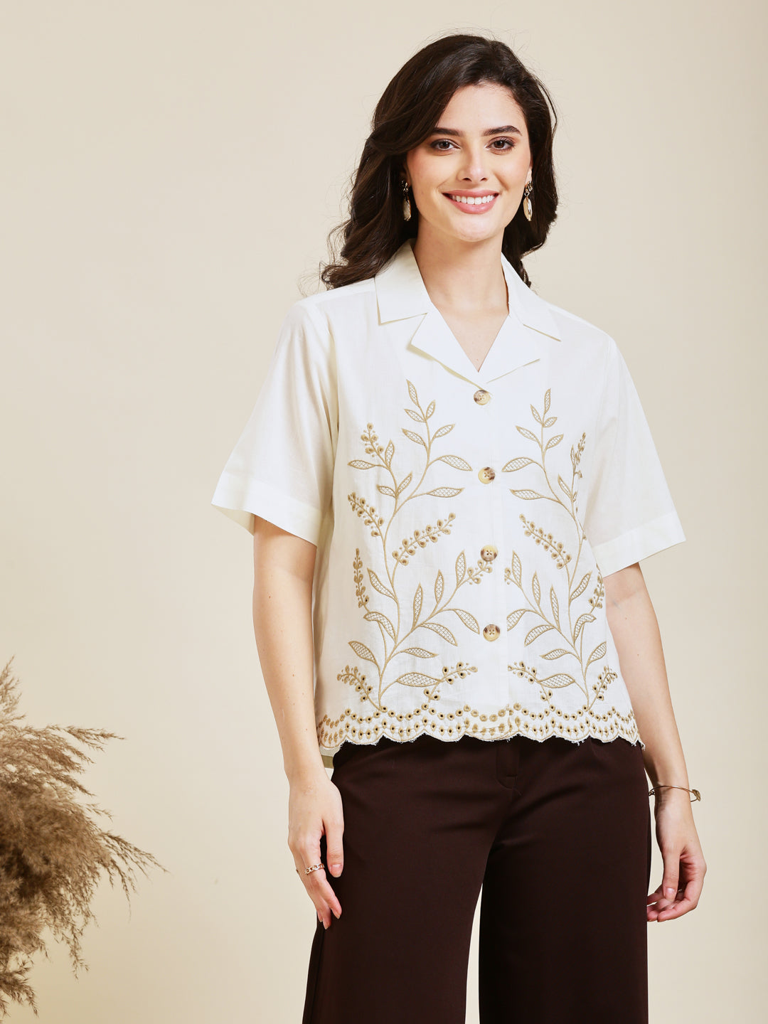 Off-White Embroidered Cotton Shirt for Women