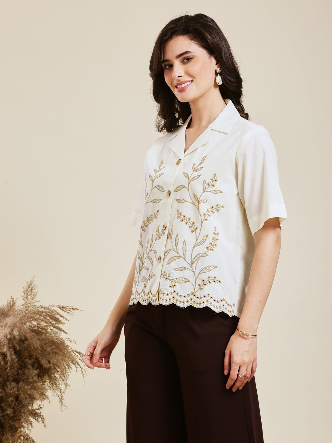 Off-White Embroidered Cotton Shirt for Women