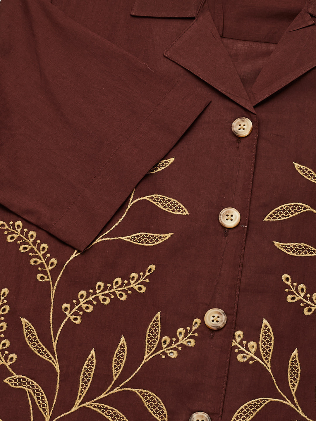 Coffee Embroidered Cotton Shirt for Women