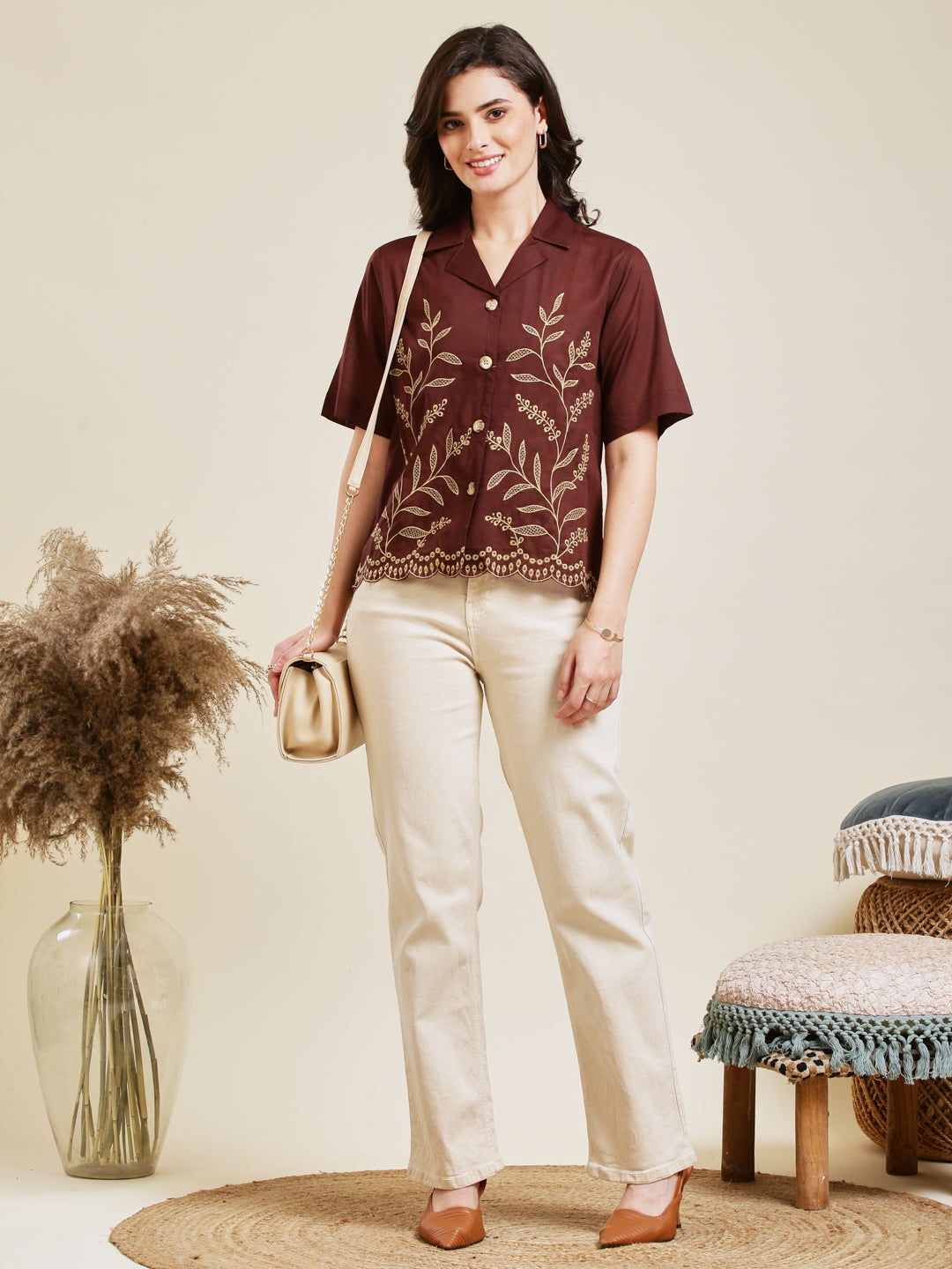 Coffee Embroidered Cotton Shirt for Women