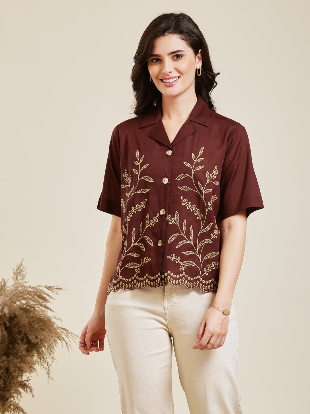Coffee Embroidered Cotton Shirt for Women