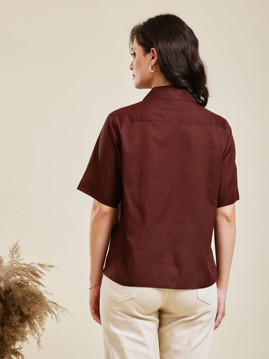 Coffee Embroidered Cotton Shirt for Women