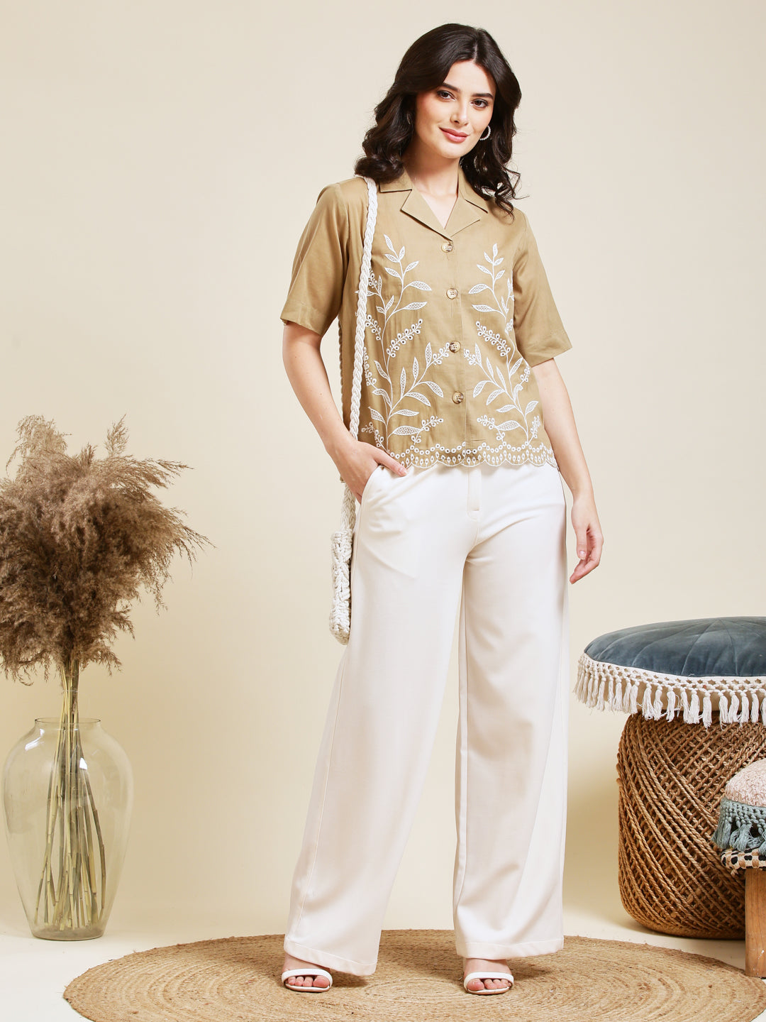 Dark Beige Embroidered Cotton Shirt for Women