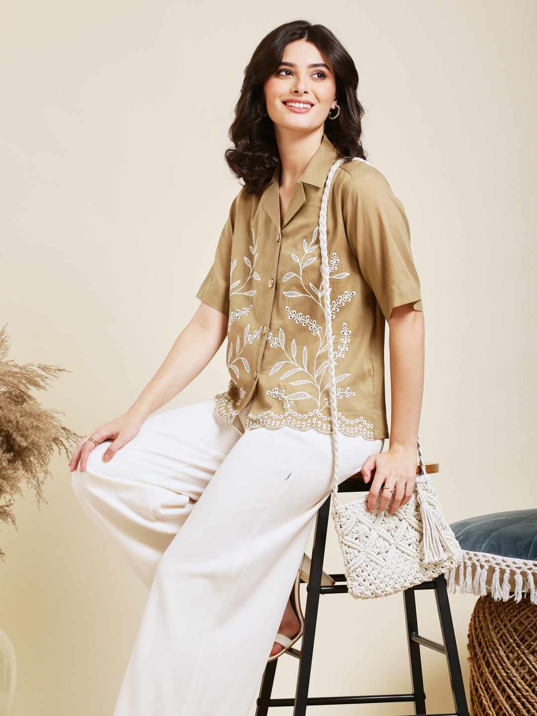 Dark Beige Embroidered Cotton Shirt for Women