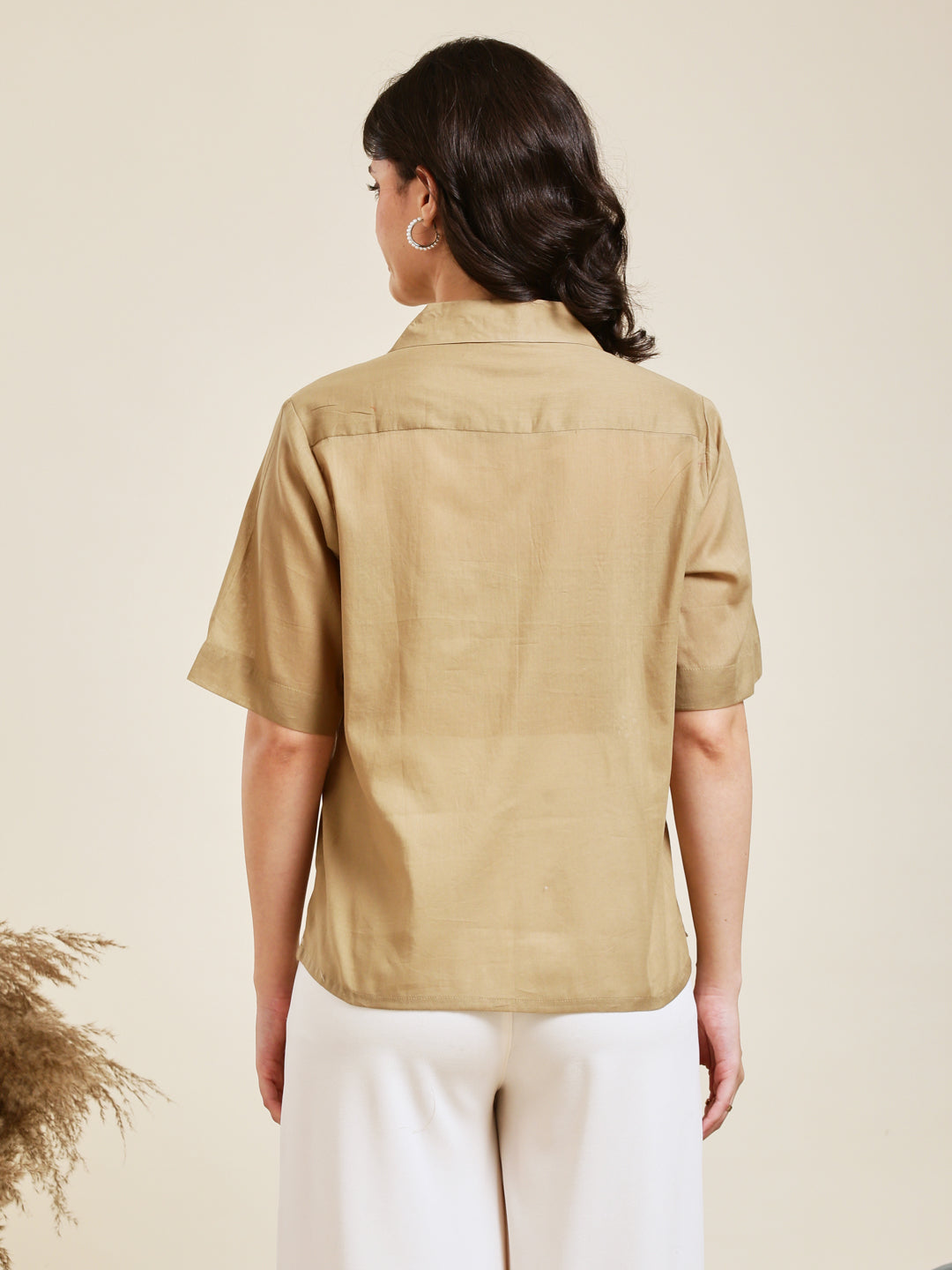 Dark Beige Embroidered Cotton Shirt for Women