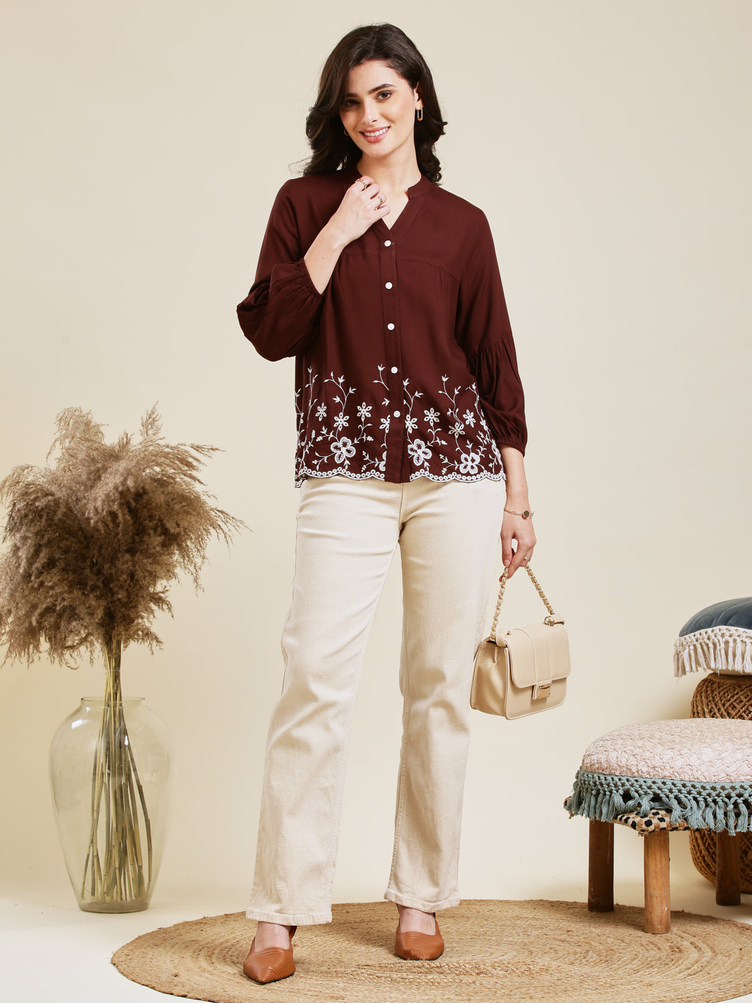 Coffee Embroidered Rayon Shirt for Women