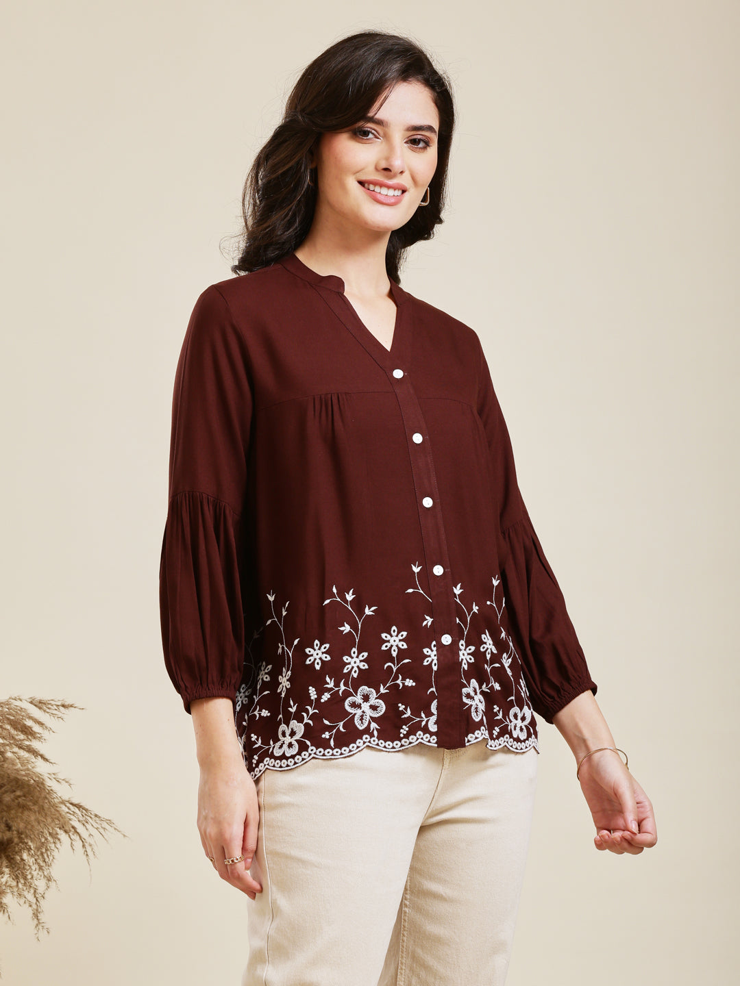 Coffee Embroidered Rayon Shirt for Women