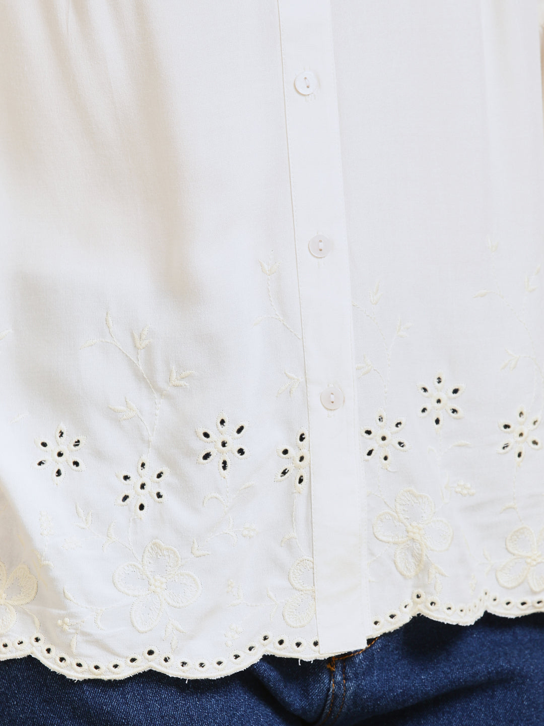 Off White Embroidered Rayon Shirt for Women
