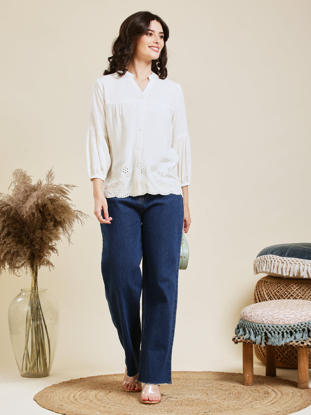 Off White Embroidered Rayon Shirt for Women