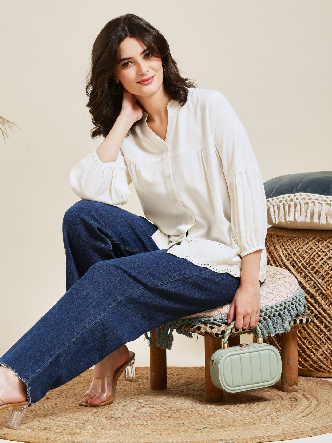 Off White Embroidered Rayon Shirt for Women