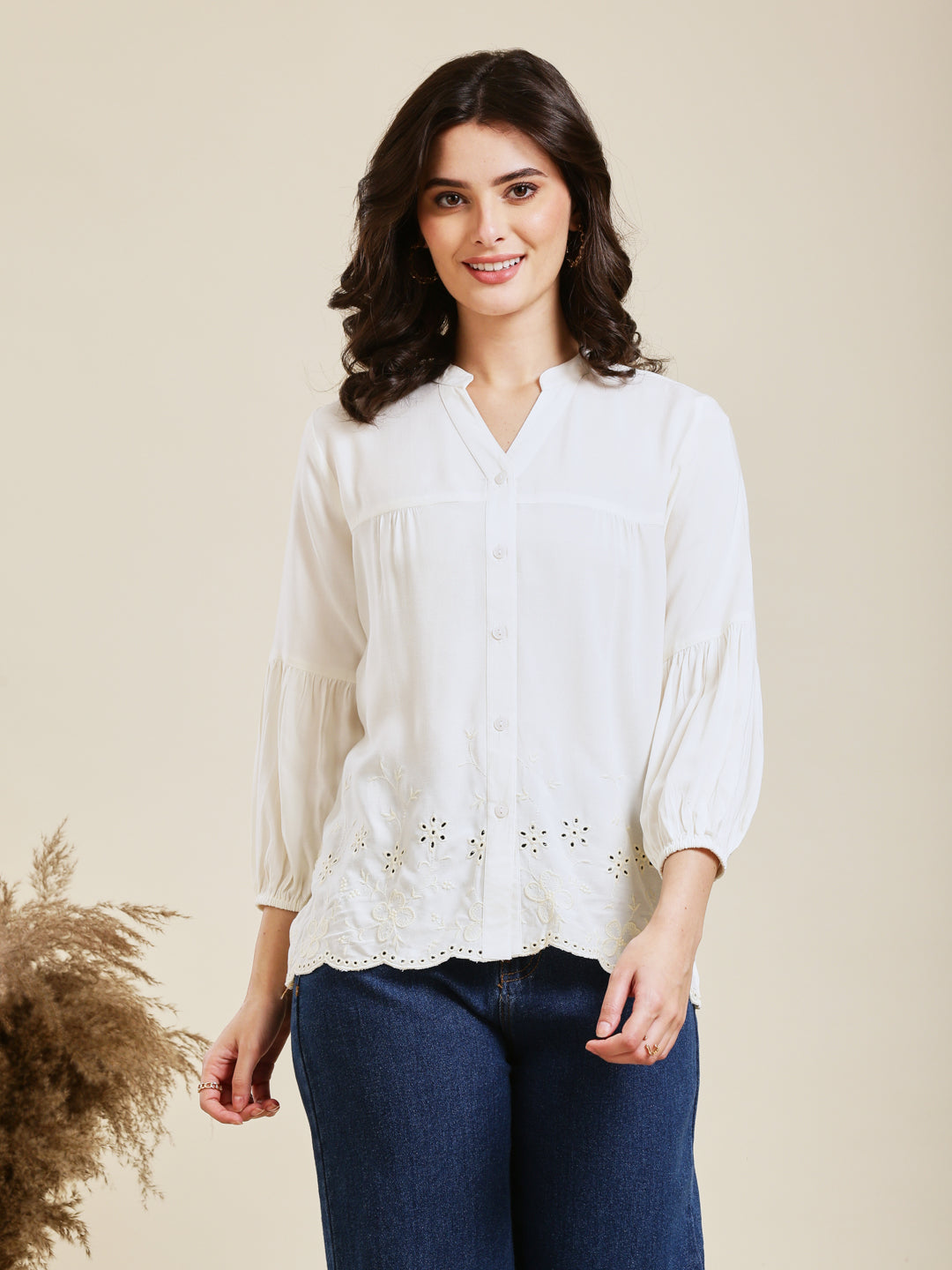 Off White Embroidered Rayon Shirt for Women