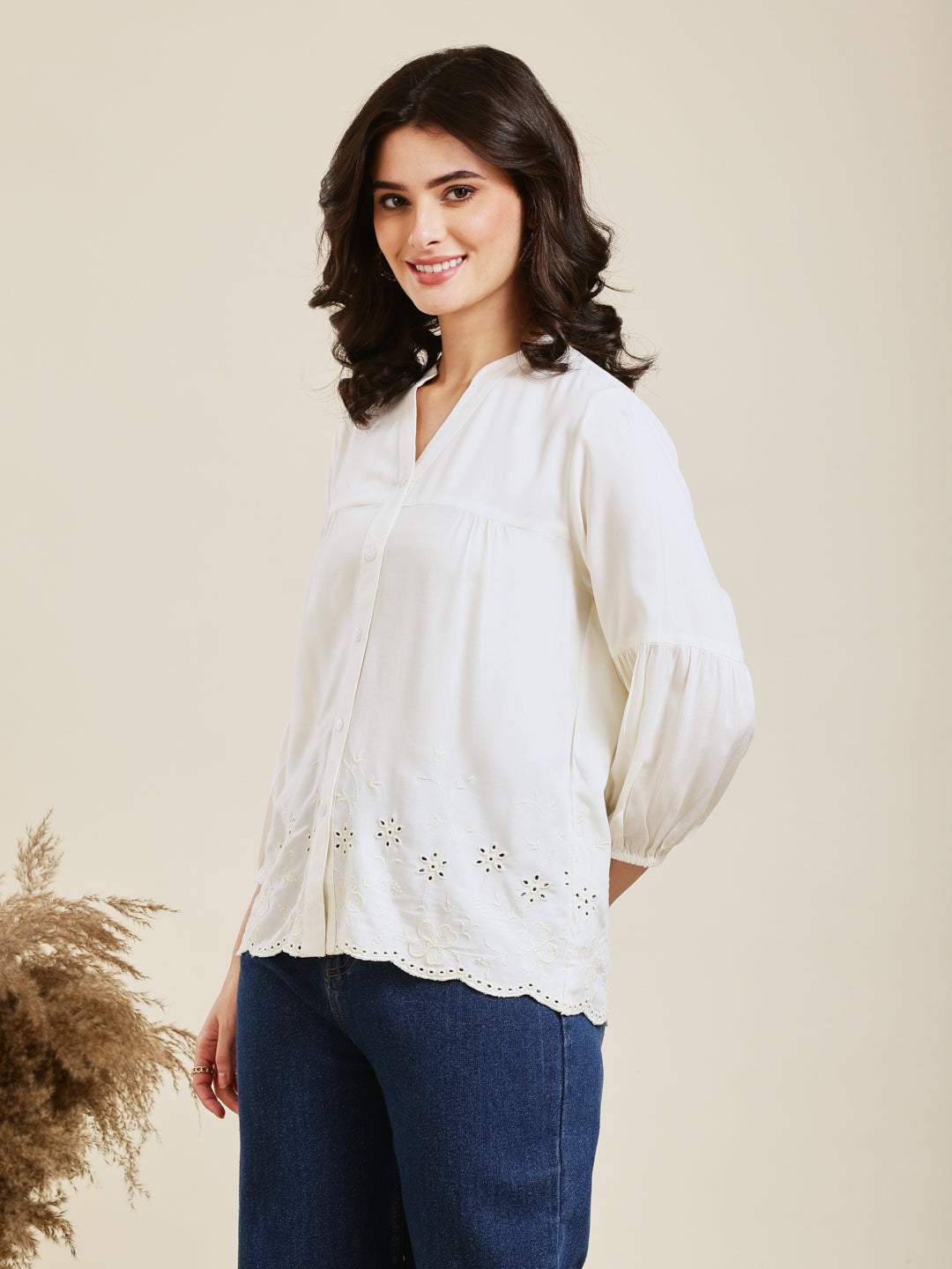 Off White Embroidered Rayon Shirt for Women