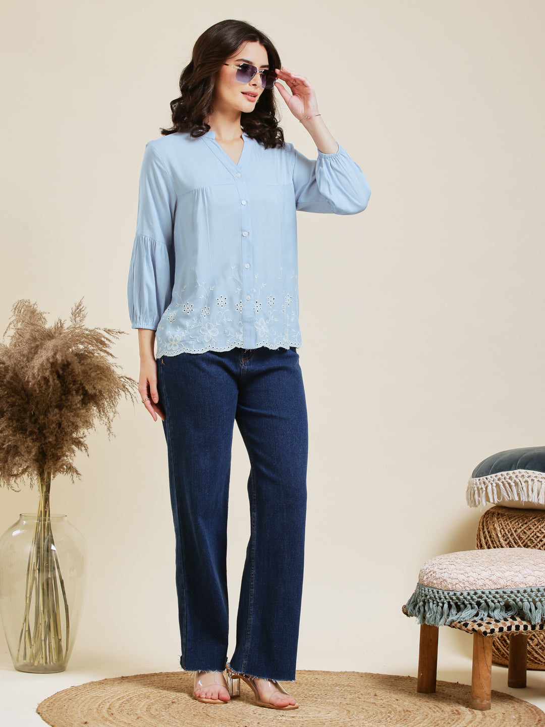 Sky Blue Embroidered Rayon Shirt for Women