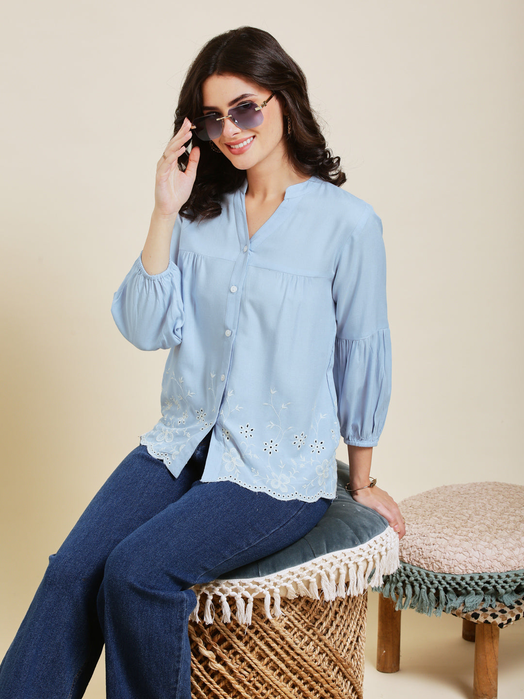 Sky Blue Embroidered Rayon Shirt for Women