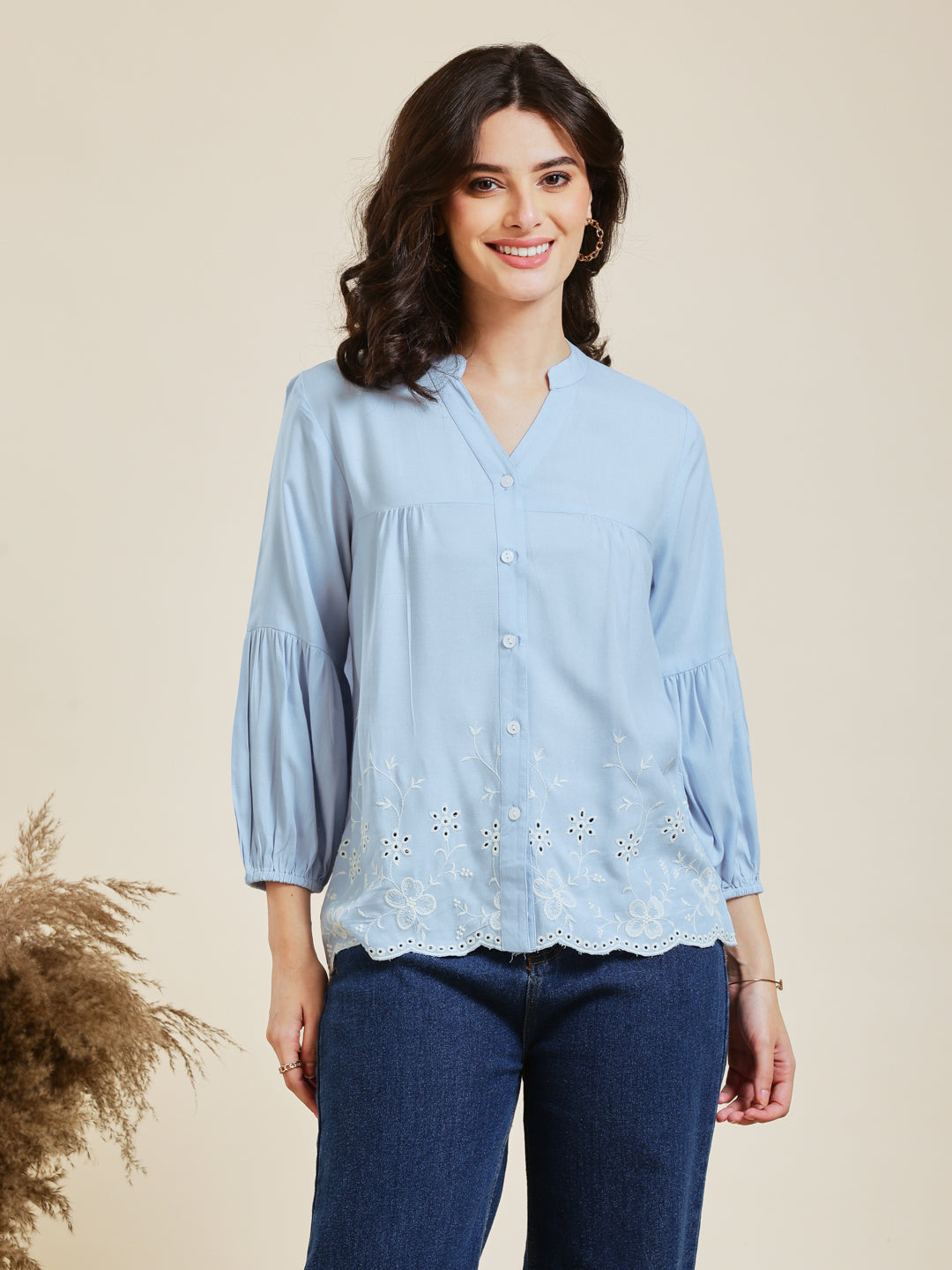 Sky Blue Embroidered Rayon Shirt for Women