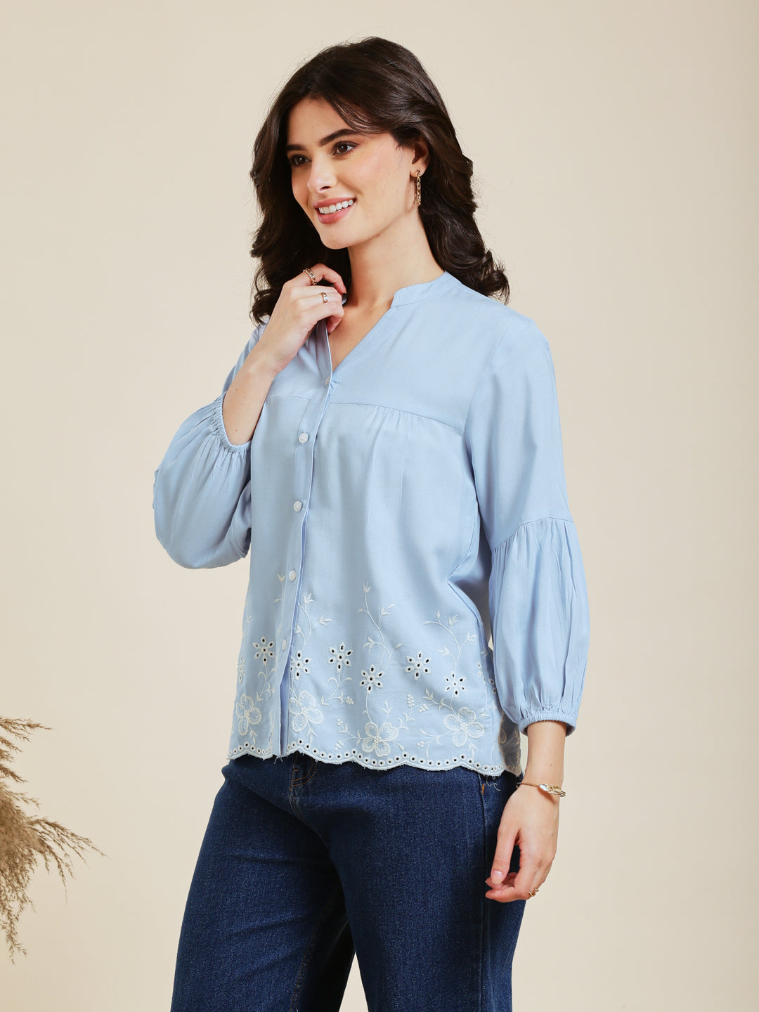 Sky Blue Embroidered Rayon Shirt for Women