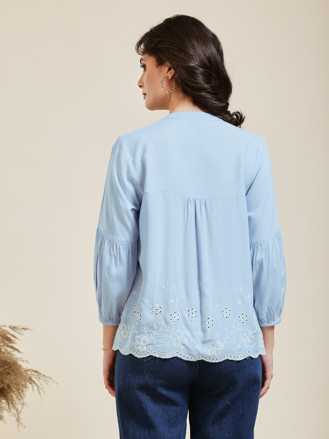 Sky Blue Embroidered Rayon Shirt for Women