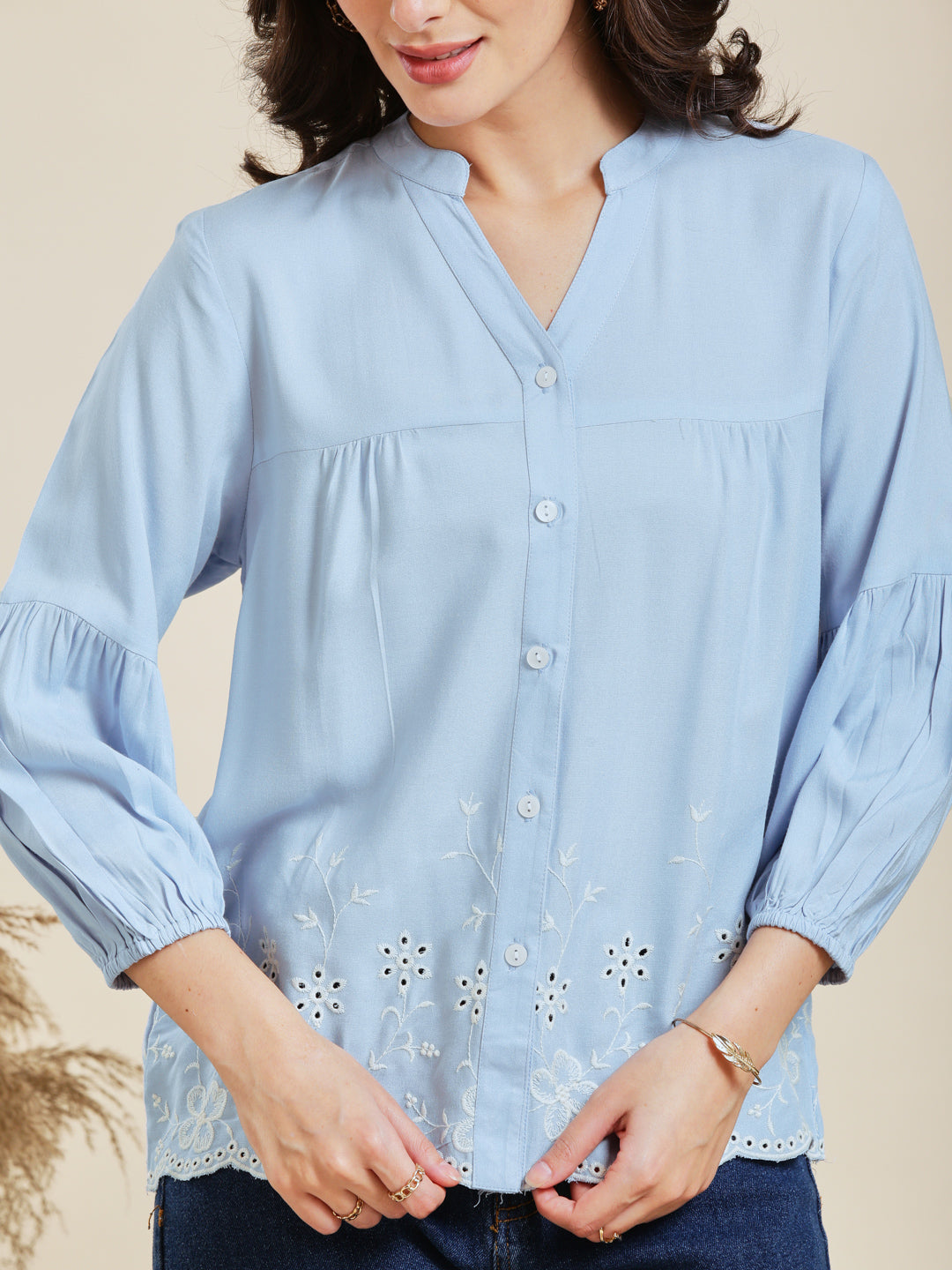 Sky Blue Embroidered Rayon Shirt for Women