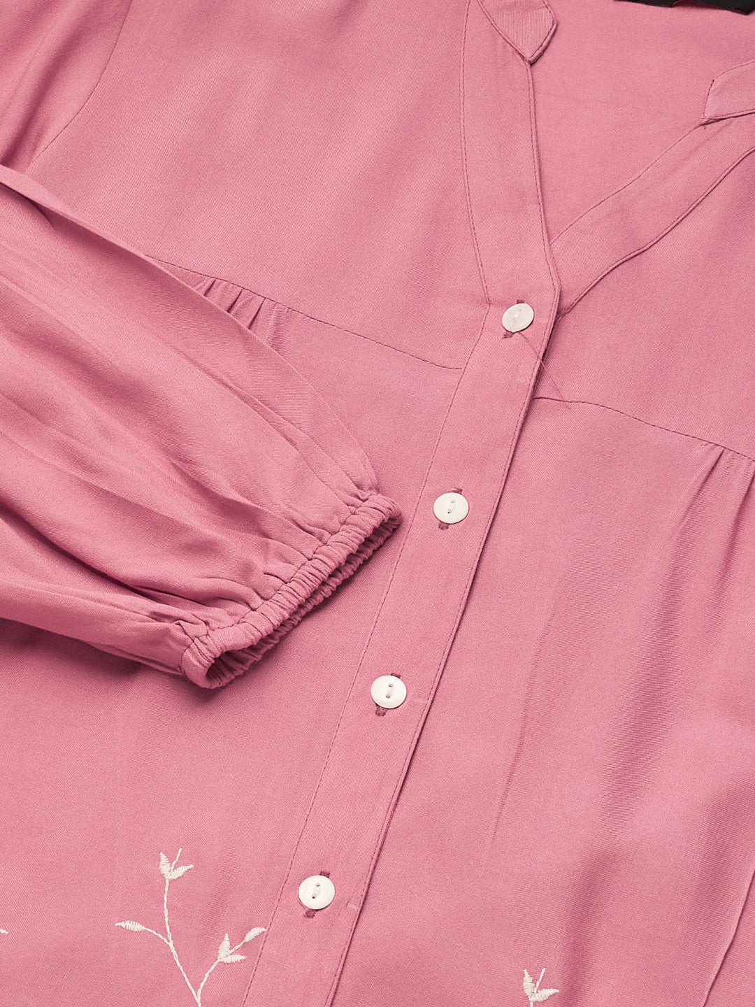 Pink Embroidered Rayon Shirt for Women
