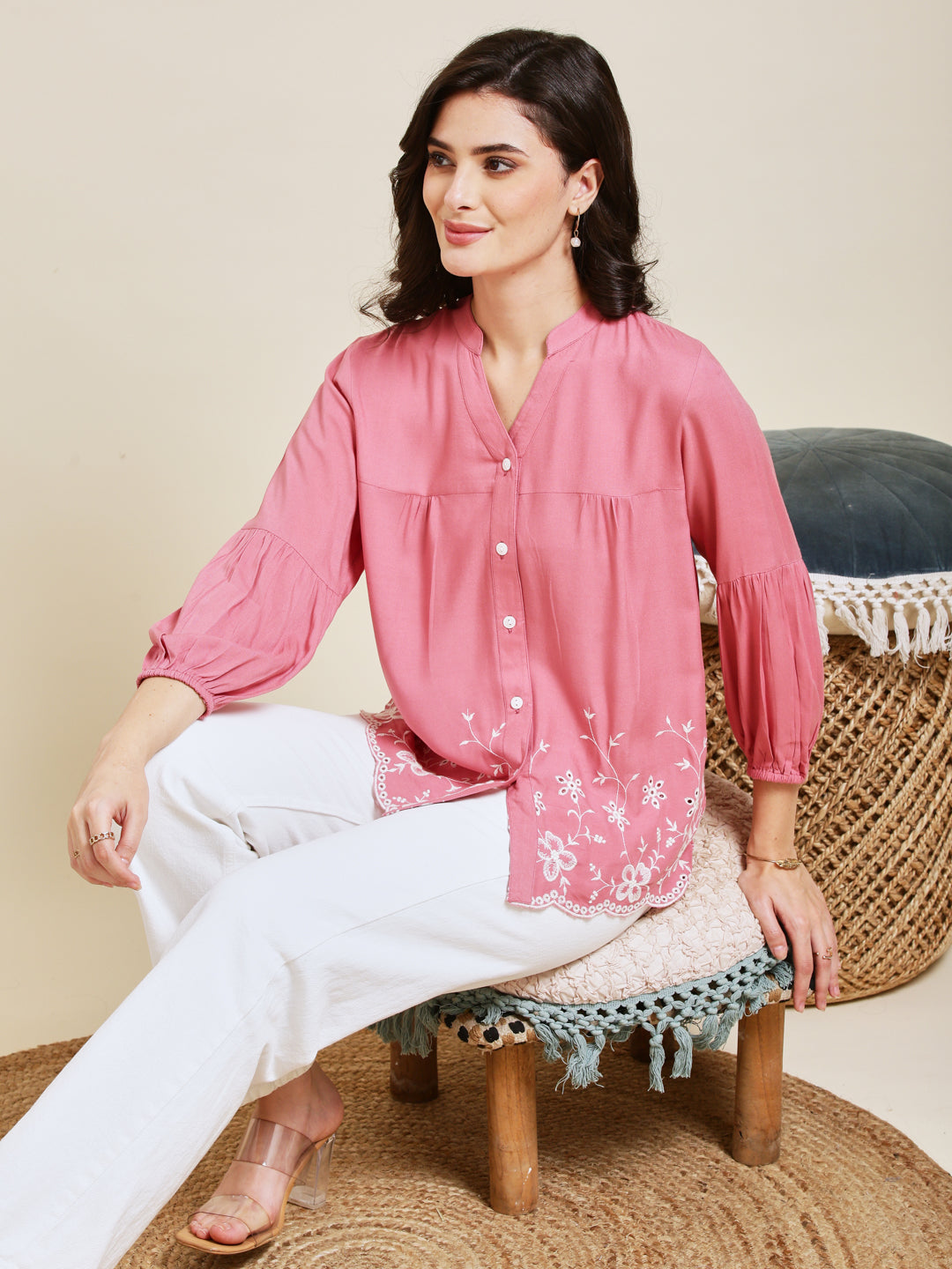 Pink Embroidered Rayon Shirt for Women