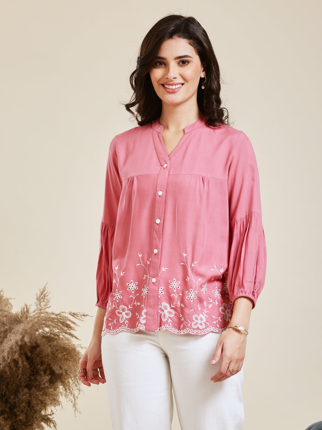 Pink Embroidered Rayon Shirt for Women