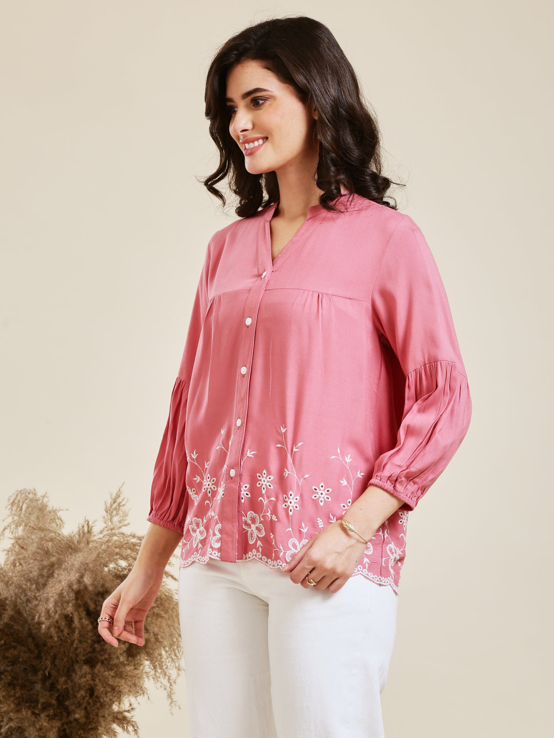 Pink Embroidered Rayon Shirt for Women