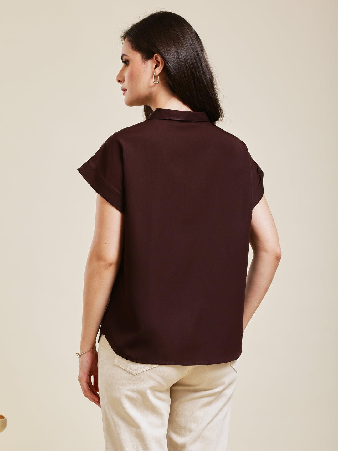 Coffee Embroidered Crepe Shirt for Women
