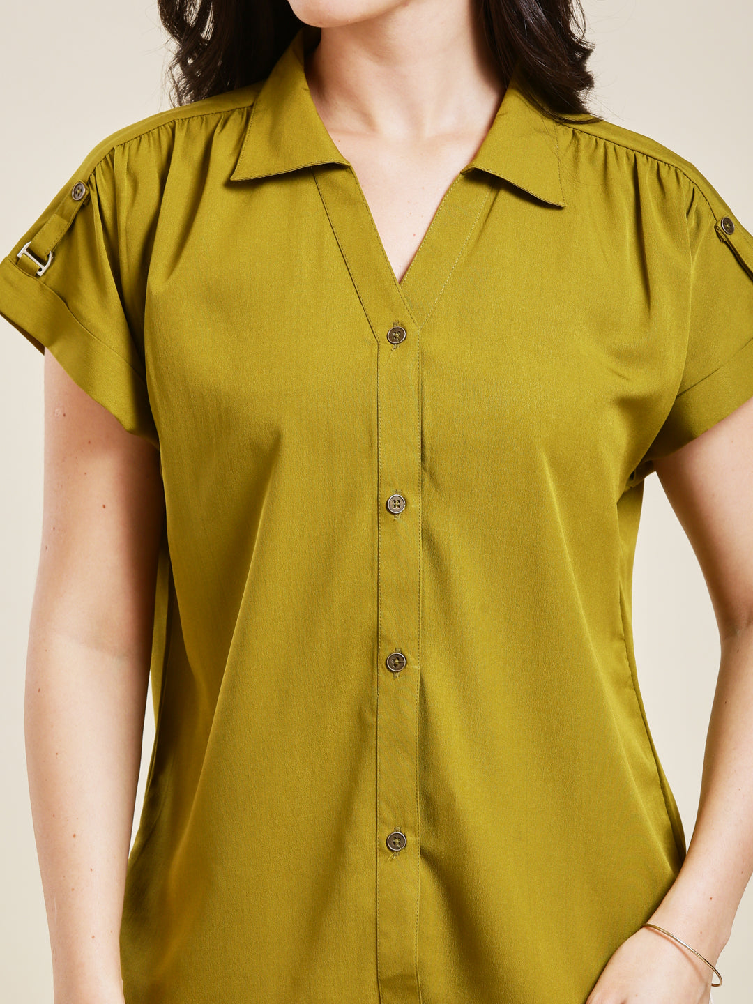 Olive Embroidered Crepe Shirt for Women