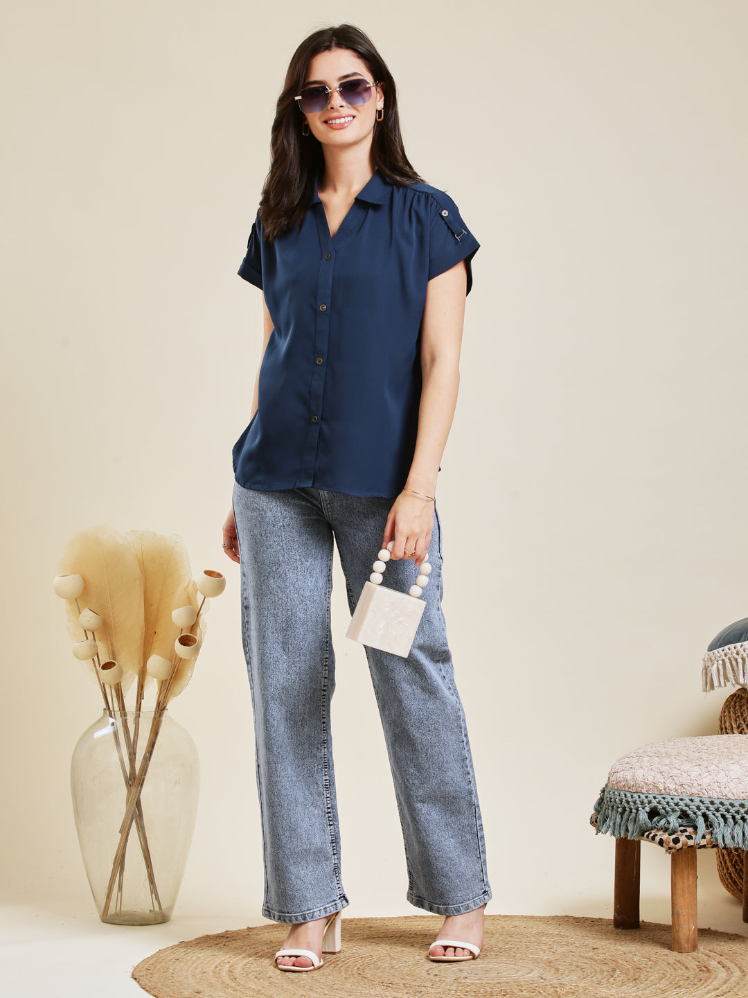 Navy Blue Embroidered Crepe Shirt for Women