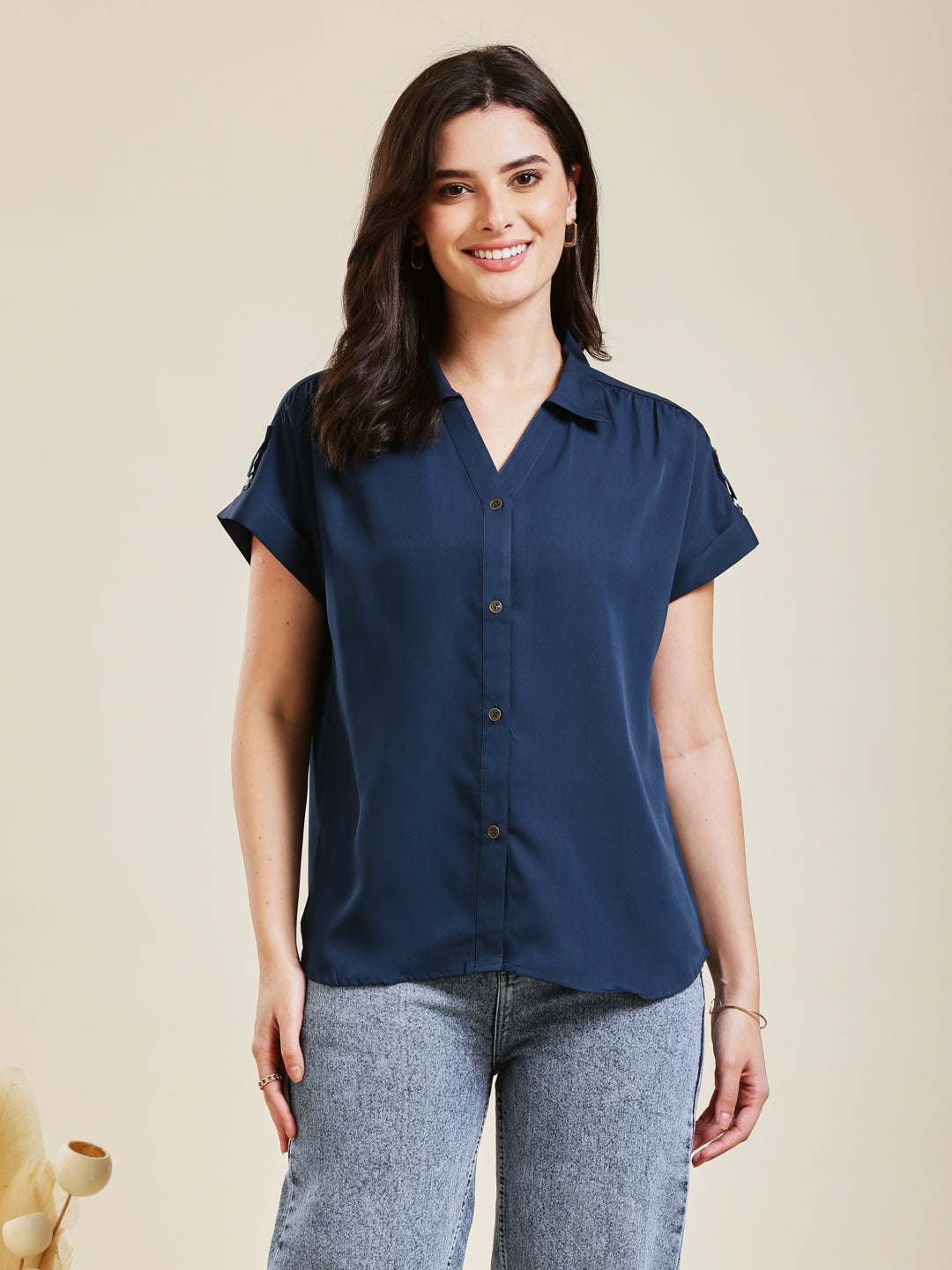 Navy Blue Embroidered Crepe Shirt for Women