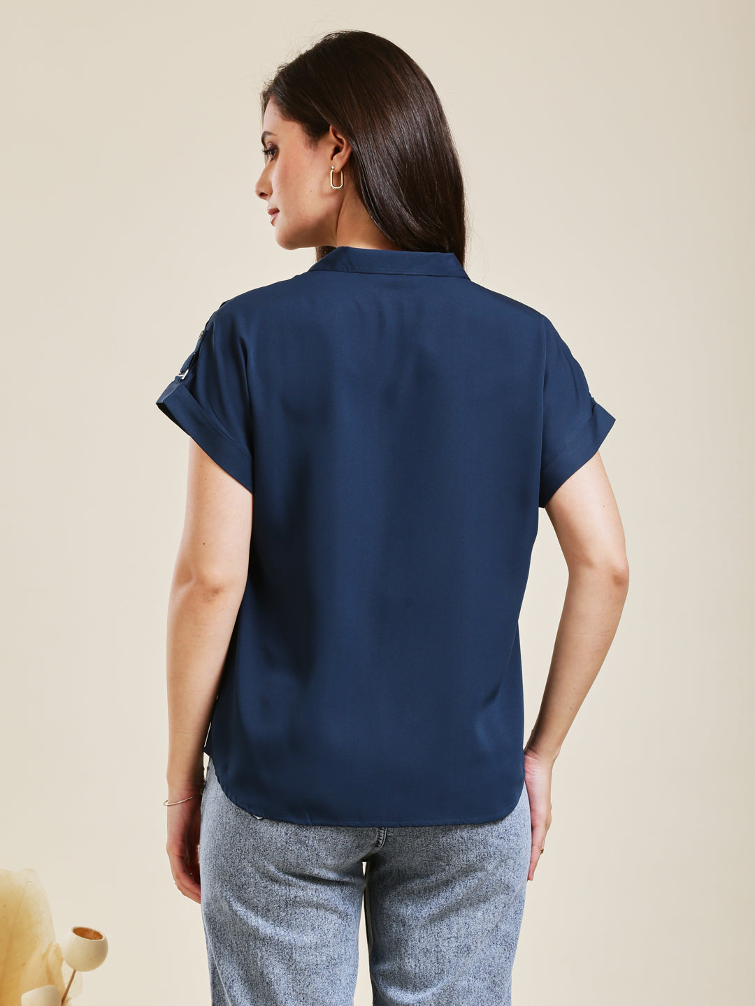 Navy Blue Embroidered Crepe Shirt for Women
