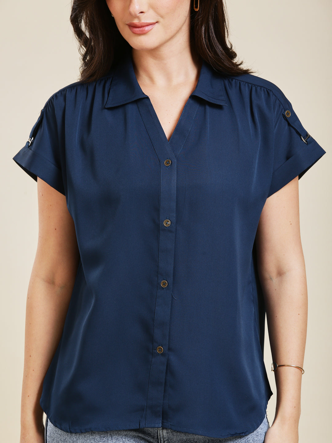 Navy Blue Embroidered Crepe Shirt for Women