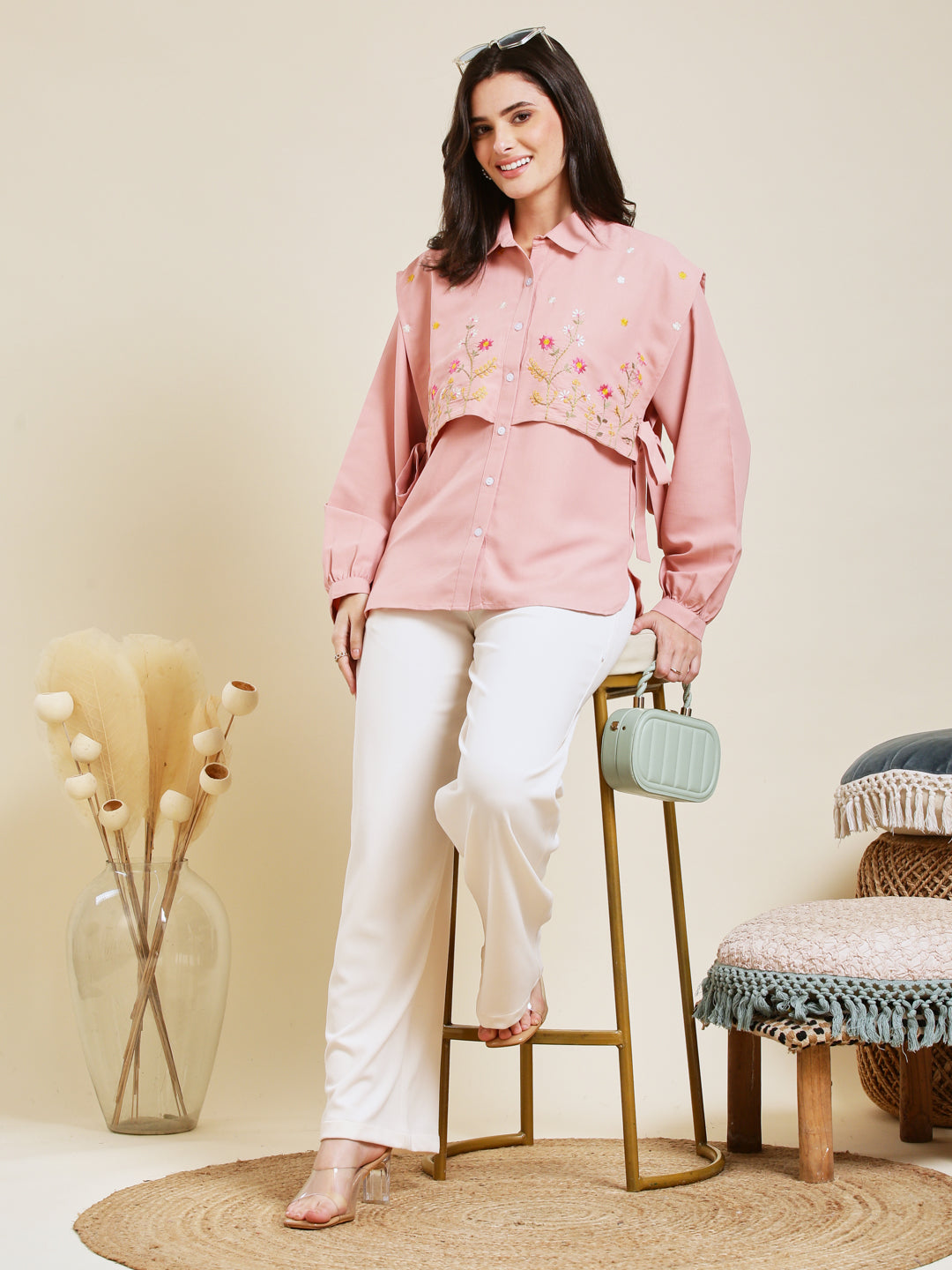 Baby Pink Embroidered Viscose Blend Shirt for Women